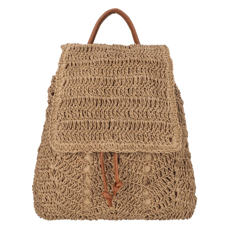 Monique Women Medium Straw Handmade Woven Backpack Flap Drawstring Shoulders Bag Beach Daypack - Image 1